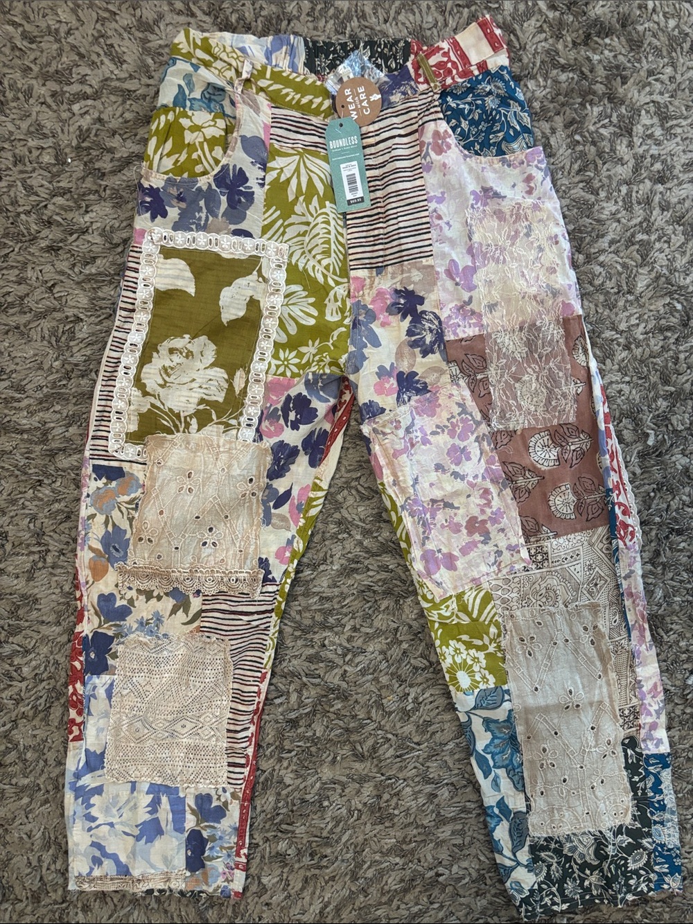 Earthbound Trading Co Mixed Floral Patchwork Wide-Leg Pants in Multi